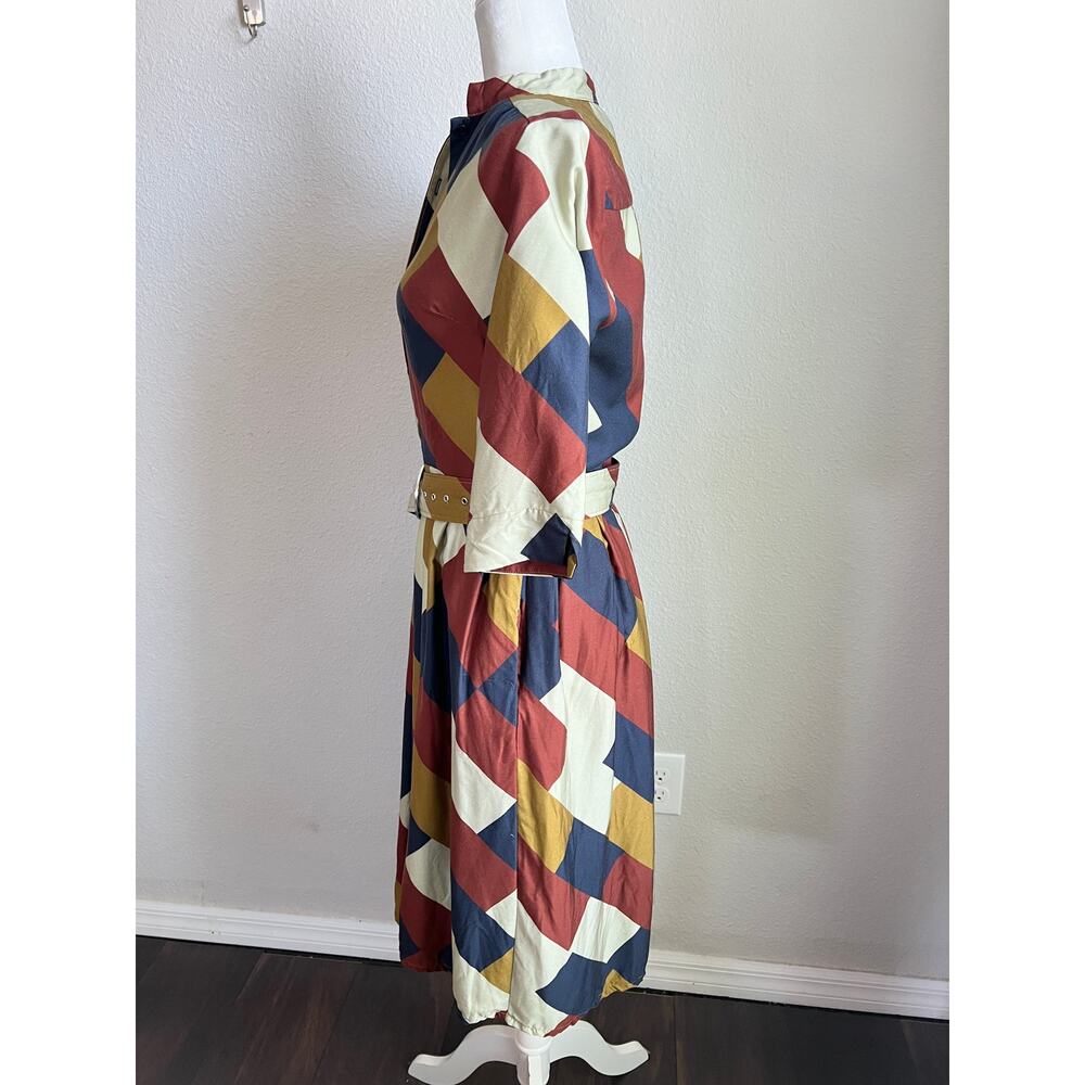 Palava Vintage-Inspired Geometric Print Shirt Dress Women's 10 Flawed - Picture 4 of 11